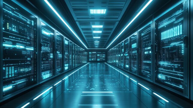 Futuristic server room with illuminated displays and racks. 