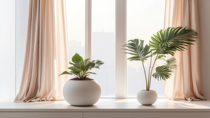 3d rendering of a plant in a vase on a table in front of, soft neon atmosphere