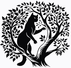 Cat Climbing Tree Silhouette Illustration: Detailed Black and White Feline in Nature Scene with Leafy Branches