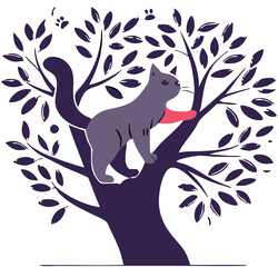 Cat Climbing Tree Silhouette Illustration: Detailed Black and White Feline in Nature Scene with Leafy Branches