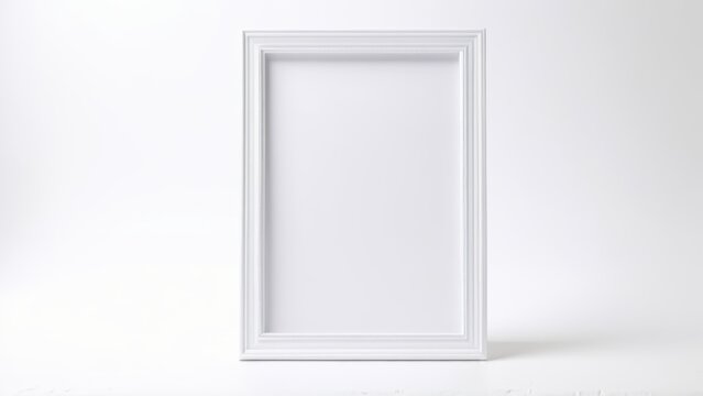 Blank white picture frame standing upright against a plain white wall background.