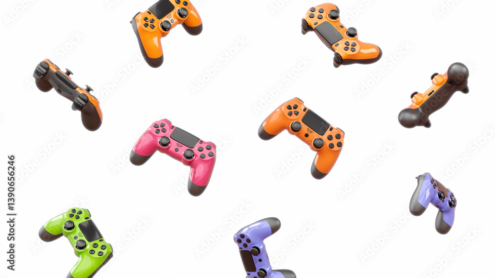 Poster realistic video game joysticks or gamepads rotating and falling on white