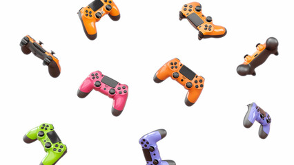 Realistic video game joysticks or gamepads rotating and falling on white