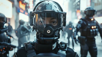 Cyberpunk Explorer with High-Tech Mask and Augmented Reality Goggles in a Neon-Lit Cityscape.