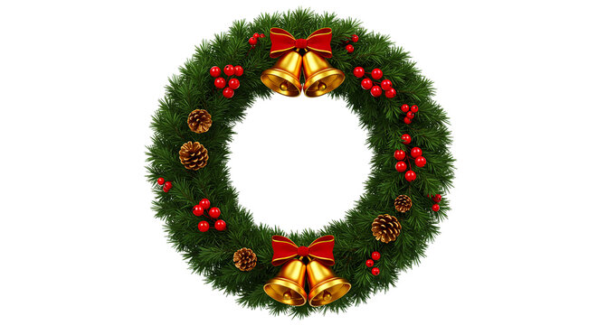 Christmas wreath holiday bells red berries pine cones festive decoration seasonal evergreen adornment
