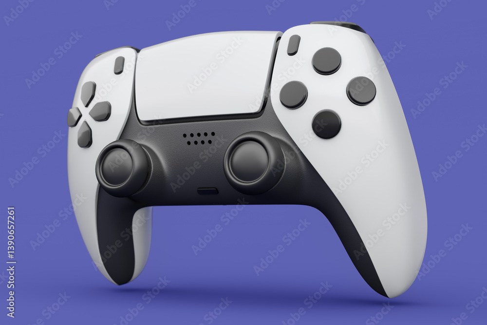 Poster realistic white video game joystick or gamepad on violet background