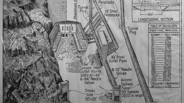 Archival drawing of the engineering of Hoover Dam, Hoover Dam, Arizona, Nevada, USA