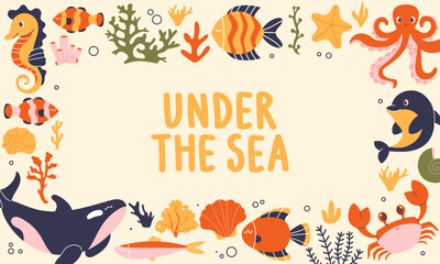Horizontal banner with hand-drawn marine animals and plants