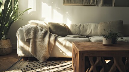 A compact and tranquil hygge living space with natural light spilling onto a warm beige sofa covered in fleecy throws
