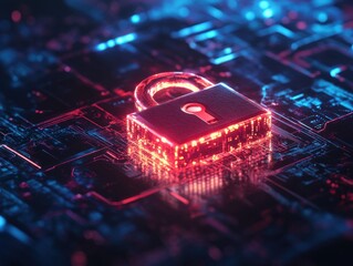 Digital Fortress: A luminous, glowing padlock, rendered in striking neon red, boldly stands sentinel against a backdrop of complex computer circuitry, symbolizing robust data security.