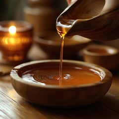 warm oil pouring  in a traditional Ayurvedic setting.