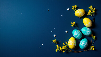 Naklejka premium Decorated Easter eggs with flowers on blue background
