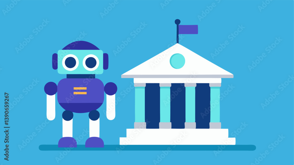 Poster ai robot and bank a friendly robot standing in front of a bank symbolizing the partnership between a
