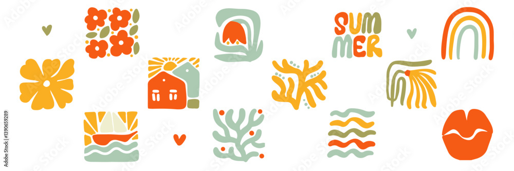 Poster retro hand drawn groovy naive elements set in trendy boho style. geometric summer palm tree. simple 