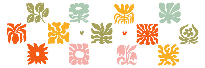 Minimal retro 70s inspired groovy floral elements set with Matisse-style leaf, summer shapes and doodles, blending modern and organic clipart. Hand drawn vector illustration,