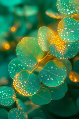 Glowing Eucalyptus Wall Art with Dew Drops and Golden Bokeh..