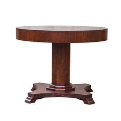 A beautifully crafted wooden table showcases a round top supported by a sturdy, ornate pedestal base. Ideal for gatherings, its rich texture adds elegance to any space, inviting social interaction.