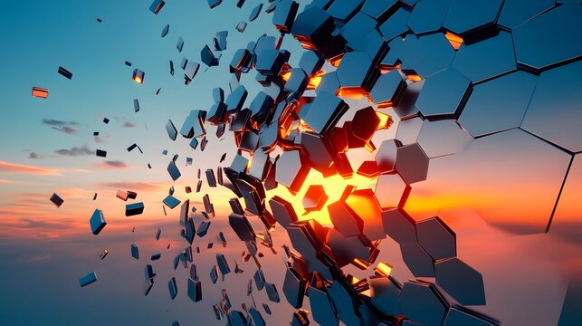 Blue and orange cubes breaking apart in sky