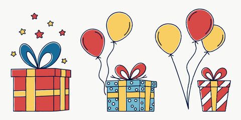 Gift Boxes Balloons Stars Ribbons Cartoon Vector Illustration for Birthday Party Celebration Design