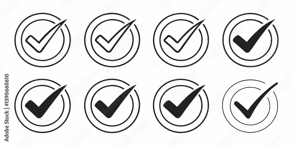 Poster black and white checkmark icons vector set: tick marks in circles for confirmation and approval
