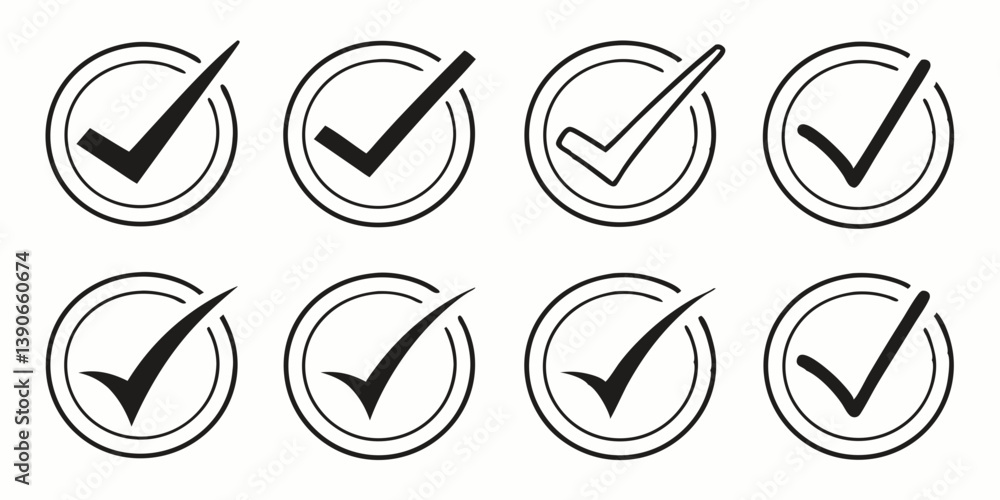 Poster set of 8 black check mark icons in circles - vector graphic for confirmation approval choice and sel