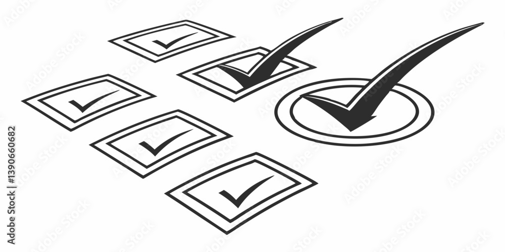 Poster black and white vector checkmarks in boxes and circle for checklist task verification
