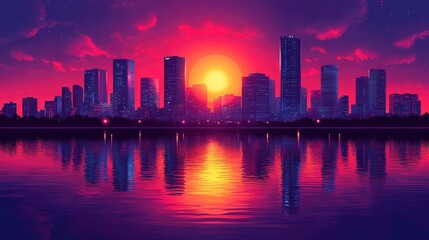 Fototapeta premium Vibrant city skyline at sunset reflecting on water, with colorful clouds in the background