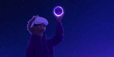 Obraz premium Immersive Reality: A boy wearing a virtual reality headset gazing upwards, holding a glowing orb in the darkness, symbolizing the boundless possibilities of technology.