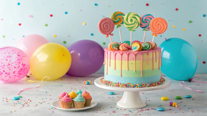 Creative birthday cake with lollipop toppers, surrounded by festive balloons and party confetti