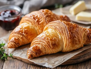 Golden Croissants and Breakfast: A culinary still life featuring two golden, flaky croissants, alongside a pot of jam and pats of butter, perfect for a delightful breakfast.