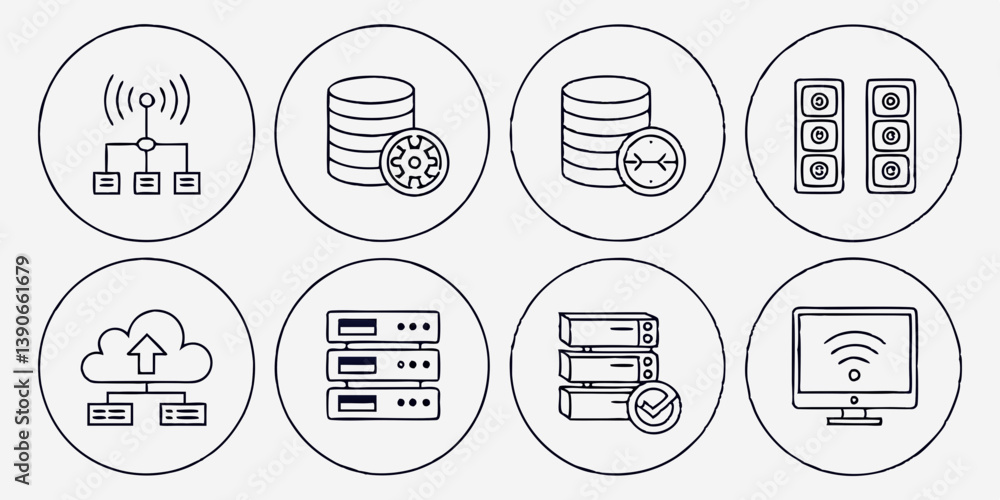 Leinwandbilder network data icons set vector - server database cloud wifi computer - circular line art symbols - te