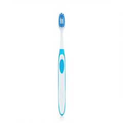 A toothbrush with blue bristles and a blue and white handle on a white background centered frame
