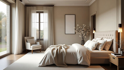 Beautiful furnished master bedroom interior in luxury home . Features vaulted ceiling with wood beams and chandelier.Modern Bedroom Interior With Double Bed, Armchair And Night Tables
