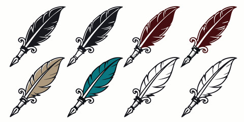 Colorful Vector Quill Pens Set | Black Red Brown Beige Teal White Feather Pens for Writing Calligraphy Historical Vintage Designs Art Illustration Graphic Design Elements Icons