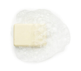 Soap with foam on white background, top view
