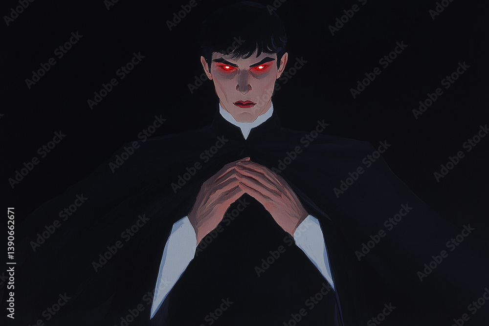 Poster mysterious figure in the shadows: a captivating image of a man enveloped in shadow, the piercing red