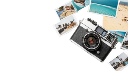 Vintage film camera with beach photos scattered, flat lay, white background, PNG