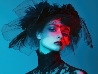 Mystery and Grace: A woman's portrait, beautifully adorned in intricate, dark lace and a dramatic headpiece, exudes an aura of mystery, enhanced by evocative lighting.