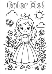 Cute black and white coloring page of a princess in a dress with crown, flowers, butterflies, sun, and clouds. Perfect for kids' coloring books and fun activities.