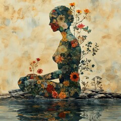 Conceptual image of mind-body balance with nature and Ayurvedic symbolism