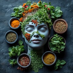 Conceptual image of mind-body balance with nature and Ayurvedic symbolism