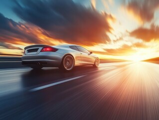 Speed and Serenity: A sleek, silver sports car races along an open highway bathed in the warm glow of a vibrant sunset, symbolizing freedom and the open road.