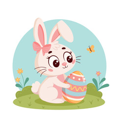 Obraz premium Cute cartoon bunny with a pink bow sitting on grass and holding a decorated Easter egg. Flowers, butterfly, and bright spring colors. Vector illustration.