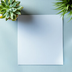 Obraz premium Blank square paper on blue desk with green succulents.