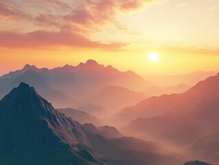 Obraz premium Mountain Silhouette at Sunset: The sun descends, painting the sky with vibrant hues, as majestic mountain ranges stand in silhouette, a captivating scene of natural beauty and serenity.