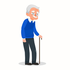 Vector illustration old man.  An elderly man with glasses and walking cane. 