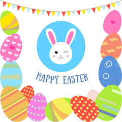 vector illustration of cute easter bunny asleep on eggs. With copy space for text