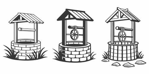 Fototapeta premium Vintage Rustic Water Wells Black and White Line Art Illustration Three Brick Wells Wooden Roofs Crank Mechanism Countryside