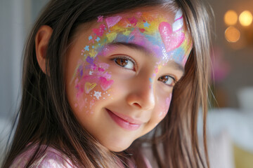 Smiling hispanic female child with colorful face paint and long brown hair