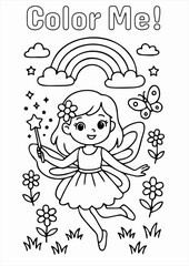 Adorable fairy girl coloring page with wings, magic wand, flowers, butterflies, stars, rainbow, and clouds. Perfect for kids' creative activities and coloring fun.